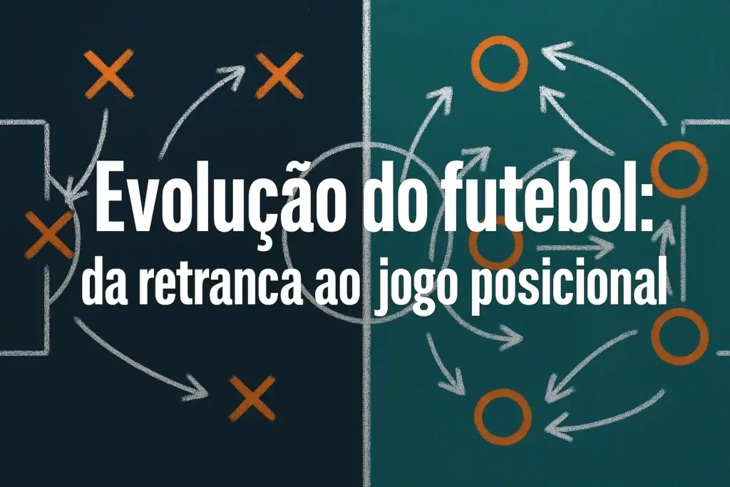 Evolução do futebol mostrando transição da retranca para o jogo posicional
