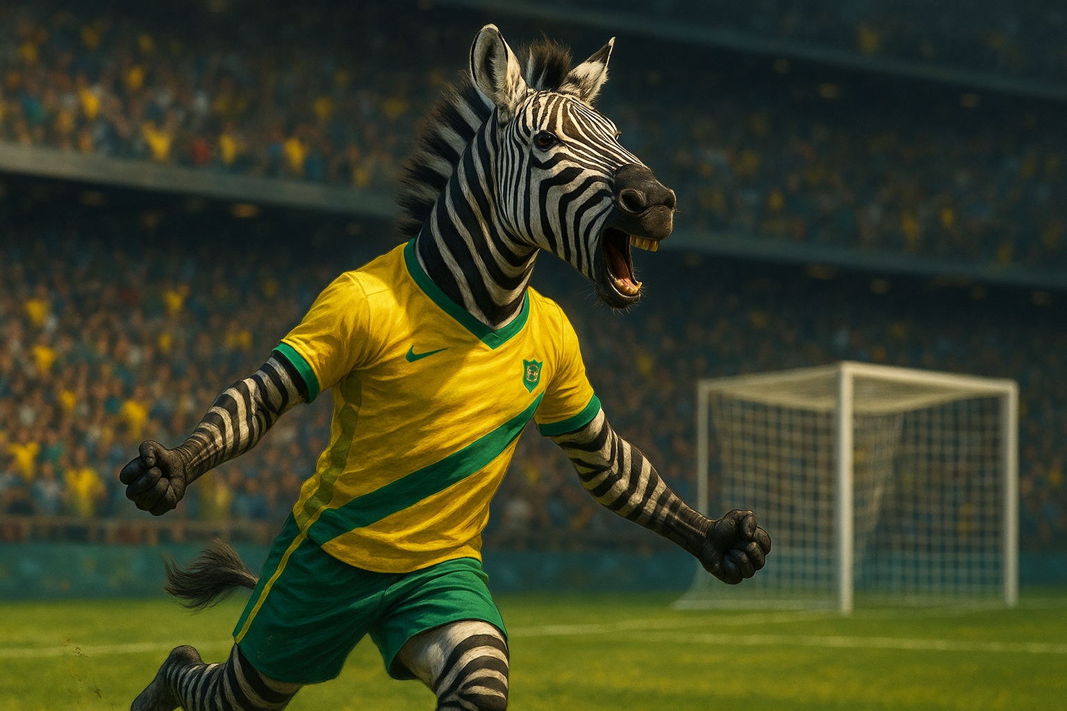 Zebra vestindo uniforme amarelo e verde comemorando gol, simbolizando zebras do futebol brasileiro
